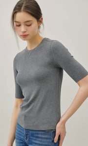 Luna Heather Grey Classic Ribbed Crewneck Short Sleeve Top