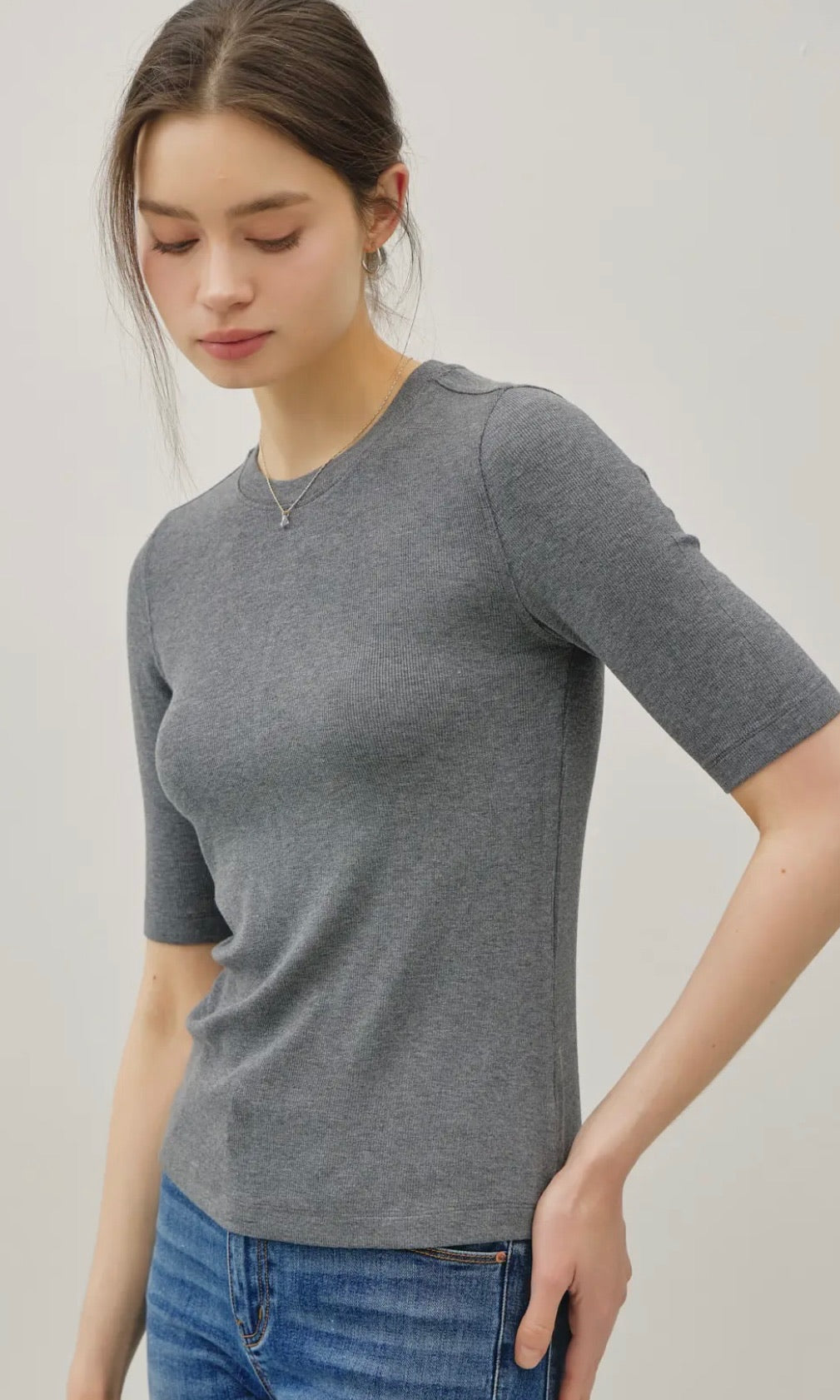 Luna Heather Grey Classic Ribbed Crewneck Short Sleeve Top