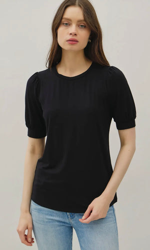 Ivanna Black Bamboo/Modal Ultra Soft Puff Sleeve Basic Top
