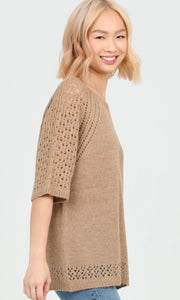 Cara Camel Open Knit Short Sleeve Pullover Sweater