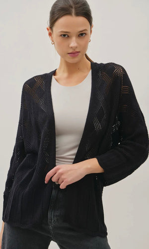 Luca Black Lightweight Crochet Cardigan with Scallop Hem