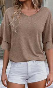 Gemma Dune Solid Color V-Neck Double Layer Sleeve Loose T-Shirt