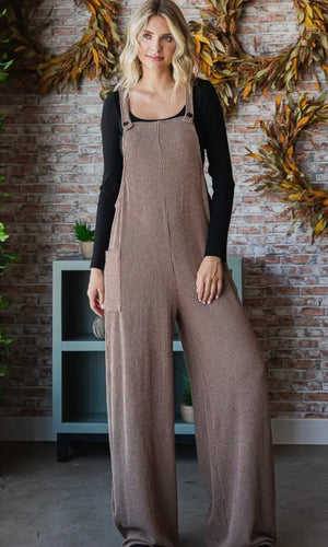 Paislee Chestnut Rib Knit Wide Leg Adjustable Strap Overall Jumpsuit
