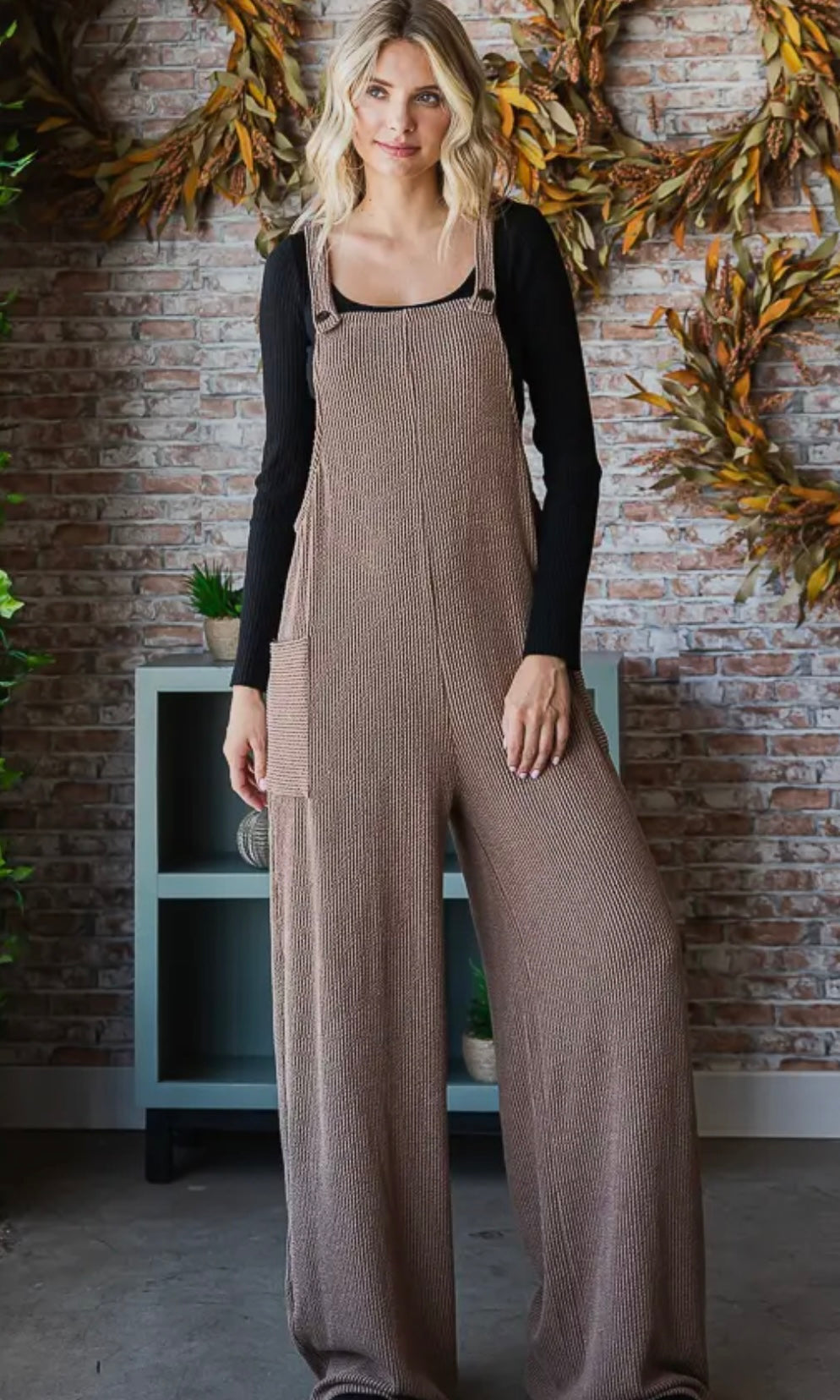 Paislee Chestnut Rib Knit Wide Leg Adjustable Strap Overall Jumpsuit