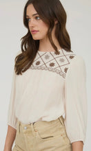 Lylah Cream Floral Embroidered Yoke 3/4 Sleeve Blouse