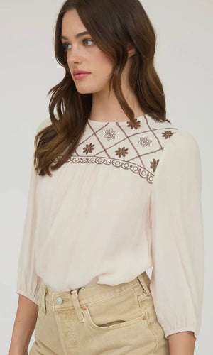 Lylah Cream Floral Embroidered Yoke 3/4 Sleeve Blouse