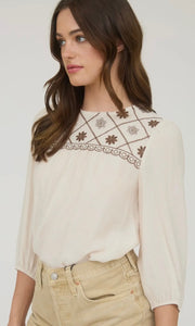 Lylah Cream Floral Embroidered Yoke 3/4 Sleeve Blouse