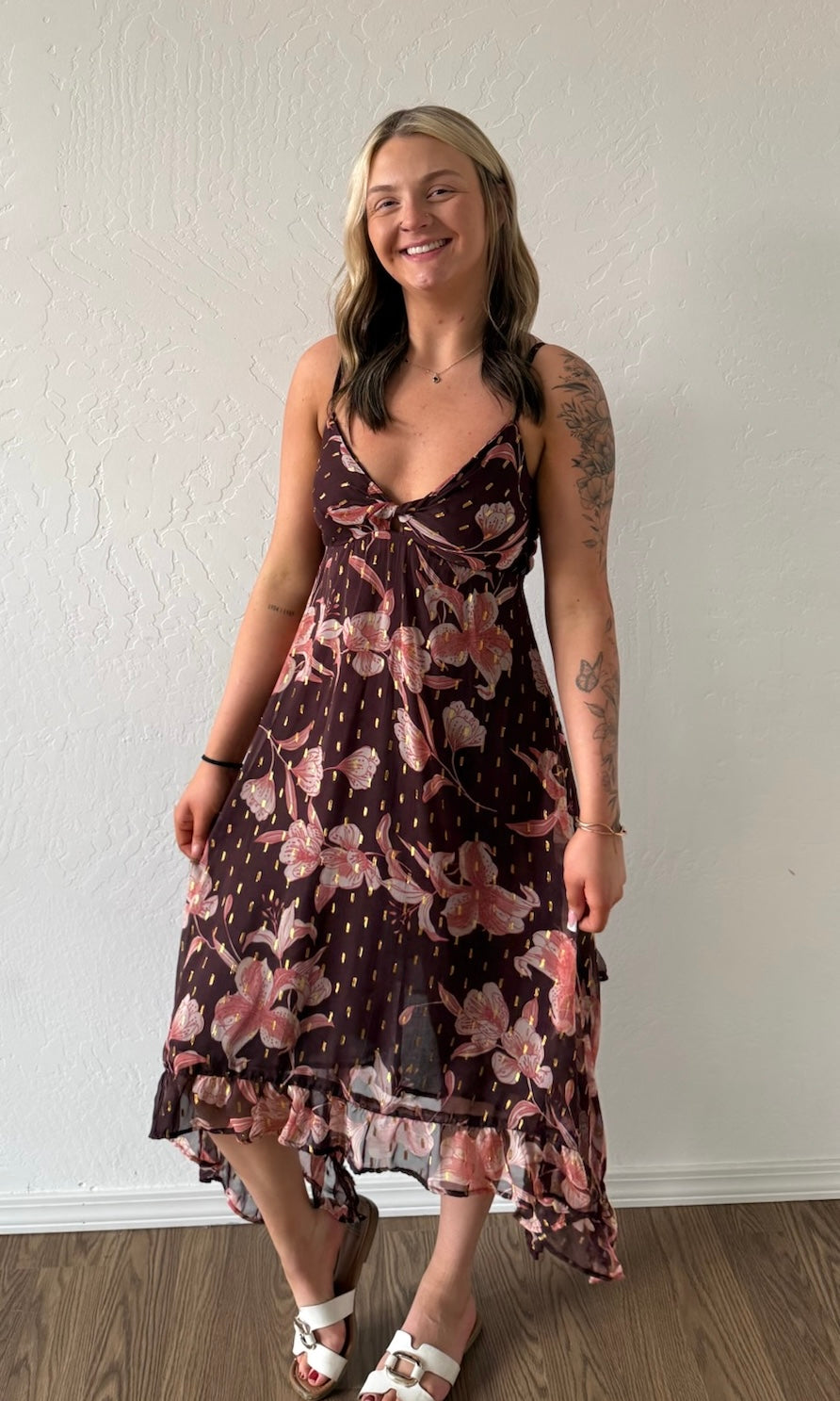 Ota Sheer Georgette with Lurex Twist Front Maxi Dress