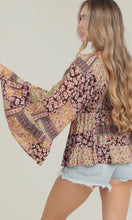 Amalia Espresso Wide Flare Bell Sleeve Lace Trim Blouse
