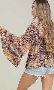Amalia Espresso Wide Flare Bell Sleeve Lace Trim Blouse