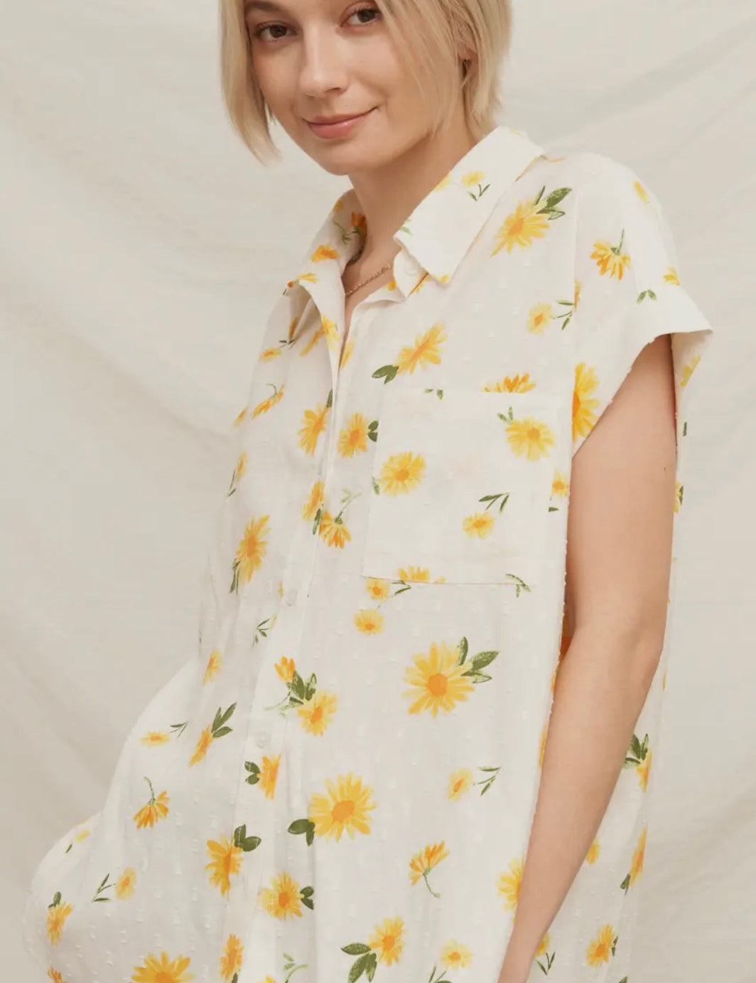Keenay Yellow Floral Button Front Short Sleeve Top