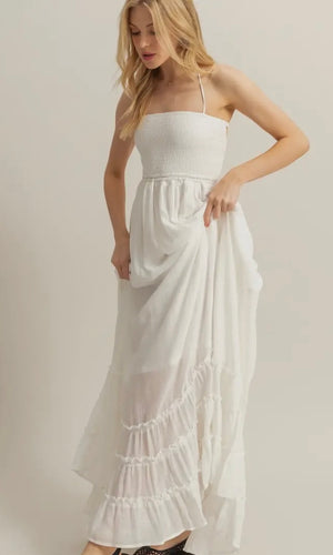 Fiadh White Halter Neck Smocked Bodice Tiered Hem Maxi Dress