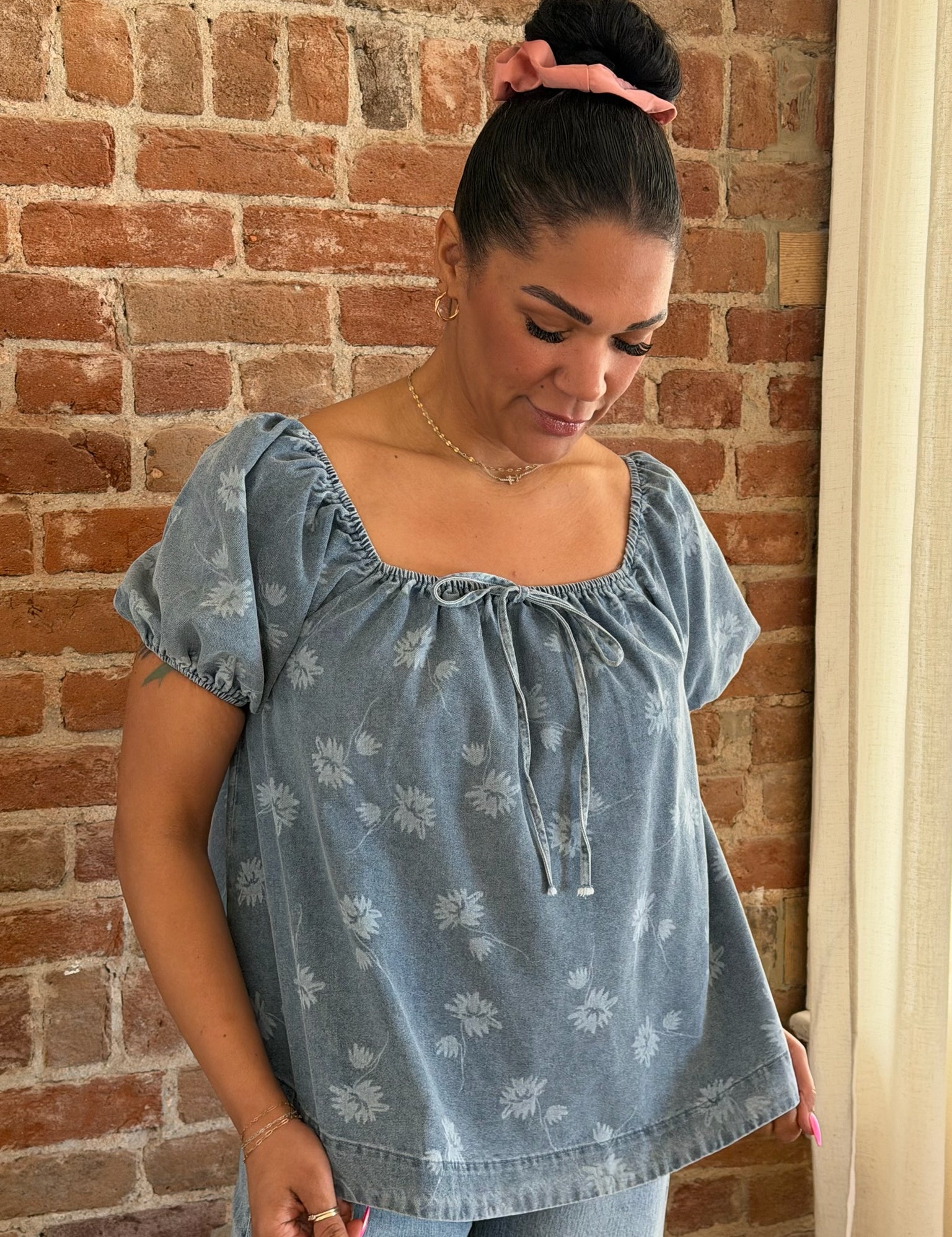 Kimora Floral Print Bubble Sleeve Denim Tunic Top