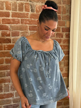 Kimora Floral Print Bubble Sleeve Denim Tunic Top