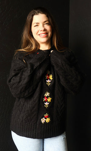 O'Shea Black Floral Cable Knit Sweater
