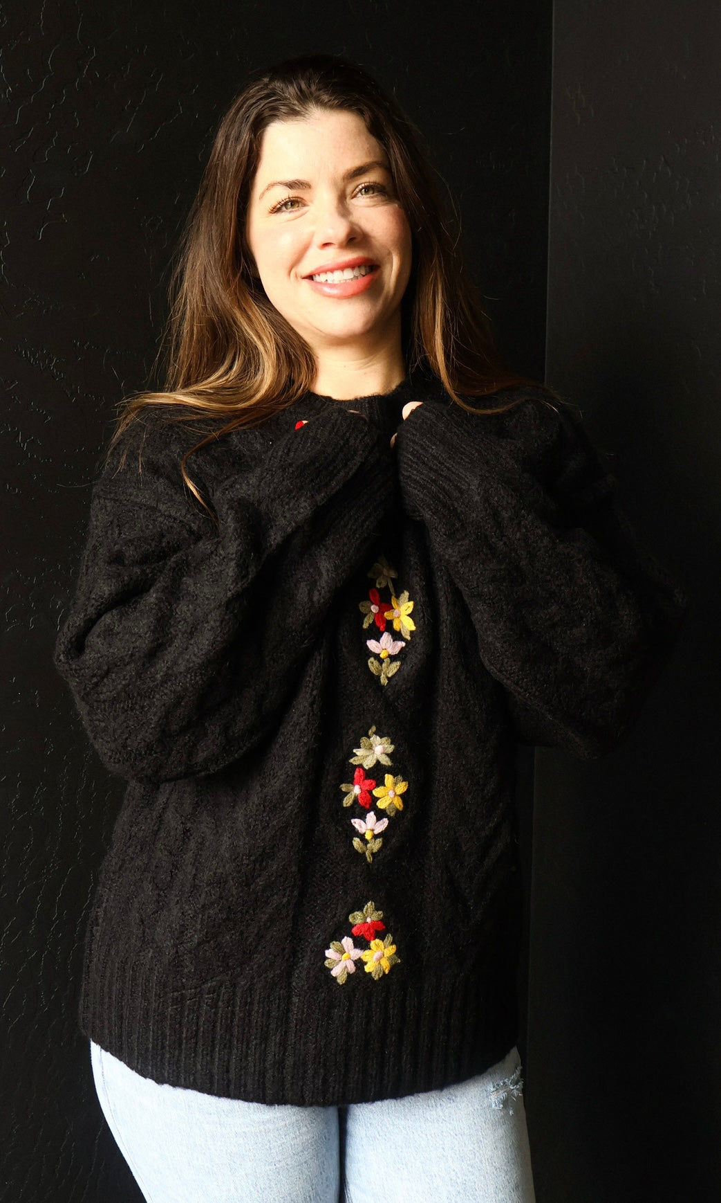 O'Shea Black Floral Cable Knit Sweater