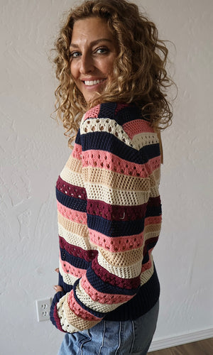 Mika Open Crochet Crew Neck Stripe Sweater