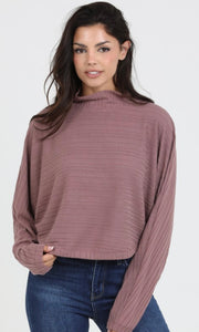 Corabel Taupe Brushed Rib Knit Dolman Sleeve High Neck Top