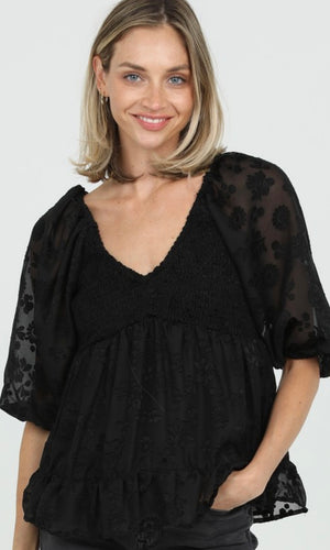 Cosma Black Sheer Puff Sleeve V Neck Blouse