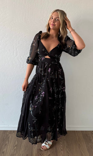 Oleen V Neck Twist Front Sheer Godet Maxi Dress