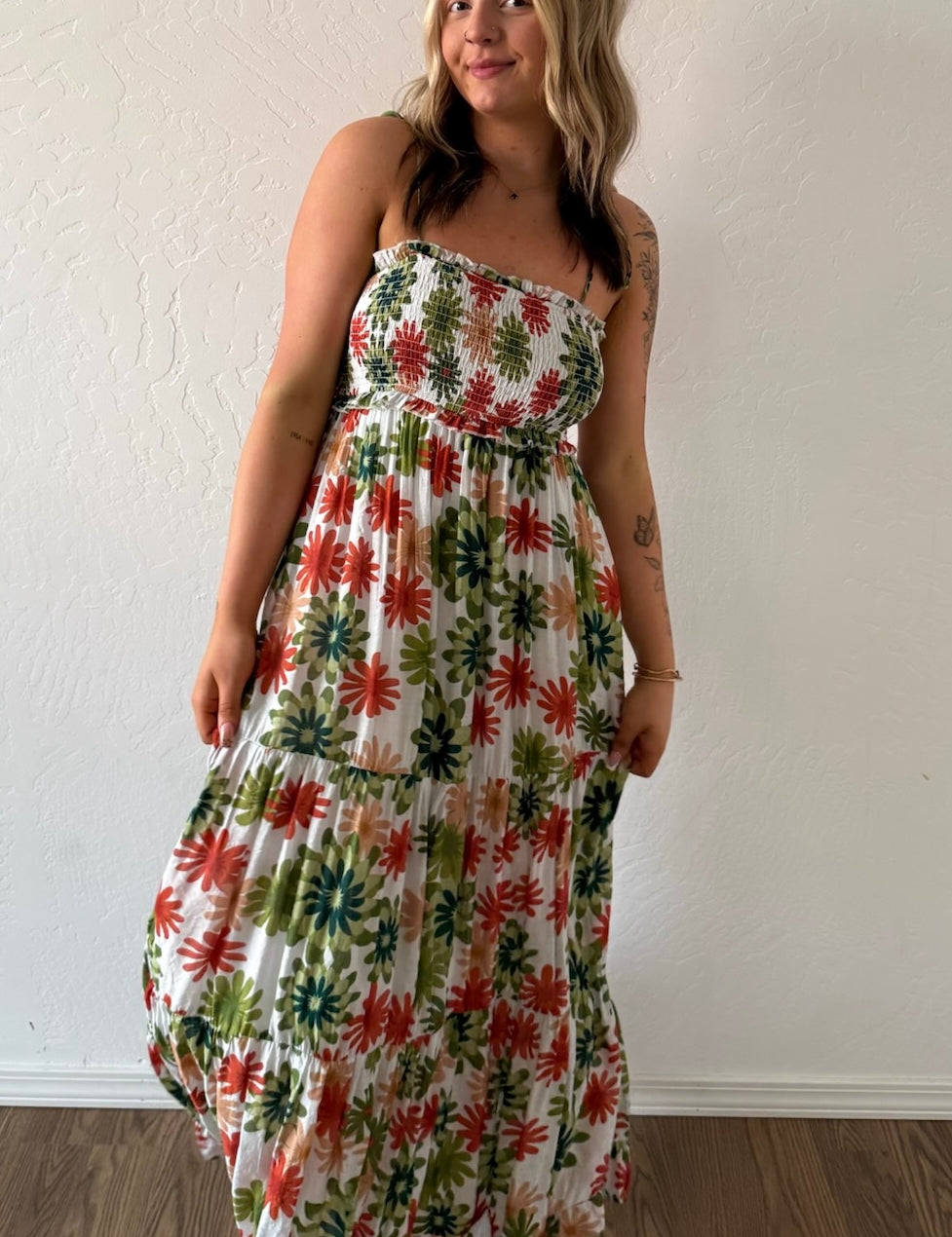 Ocean Smocked Sleeveless Floral Maxi Dress