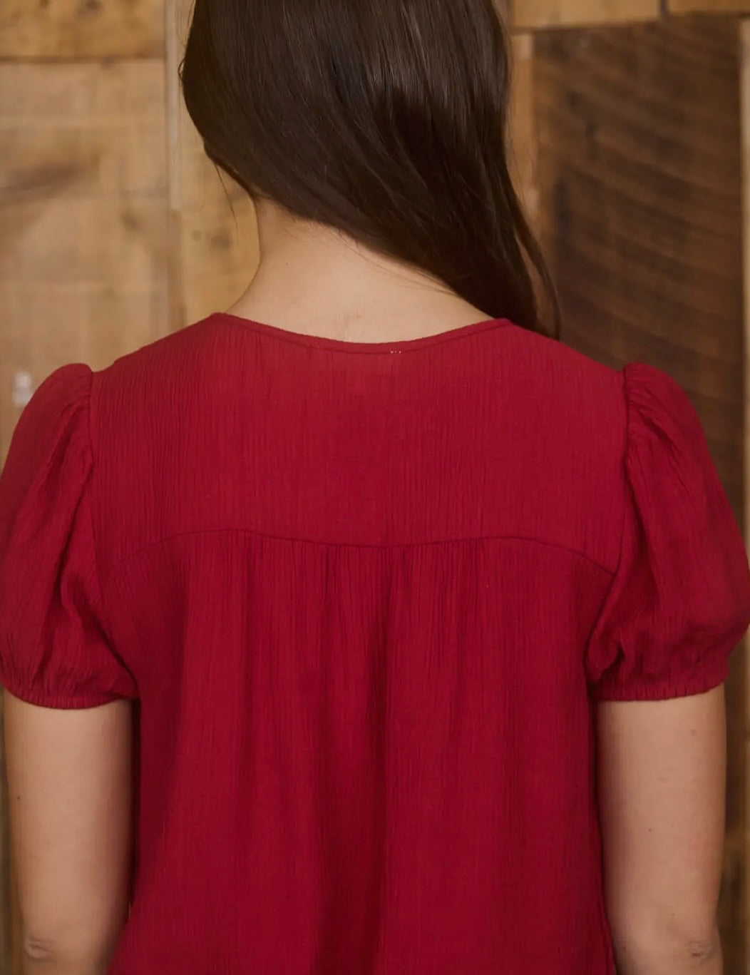 Heini Red Eyelet Lace Trim Double Front Tie Puff Sleeve Top
