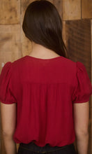 Heini Red Eyelet Lace Trim Double Front Tie Puff Sleeve Top