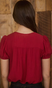 Heini Red Eyelet Lace Trim Double Front Tie Puff Sleeve Top