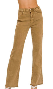 Acarie Deep Camel Wide Leg Stretch Cotton Frayed Hem Pants