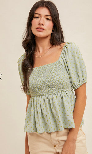 Gil Mint Smocked Bodice Polka Dot Peasant Top