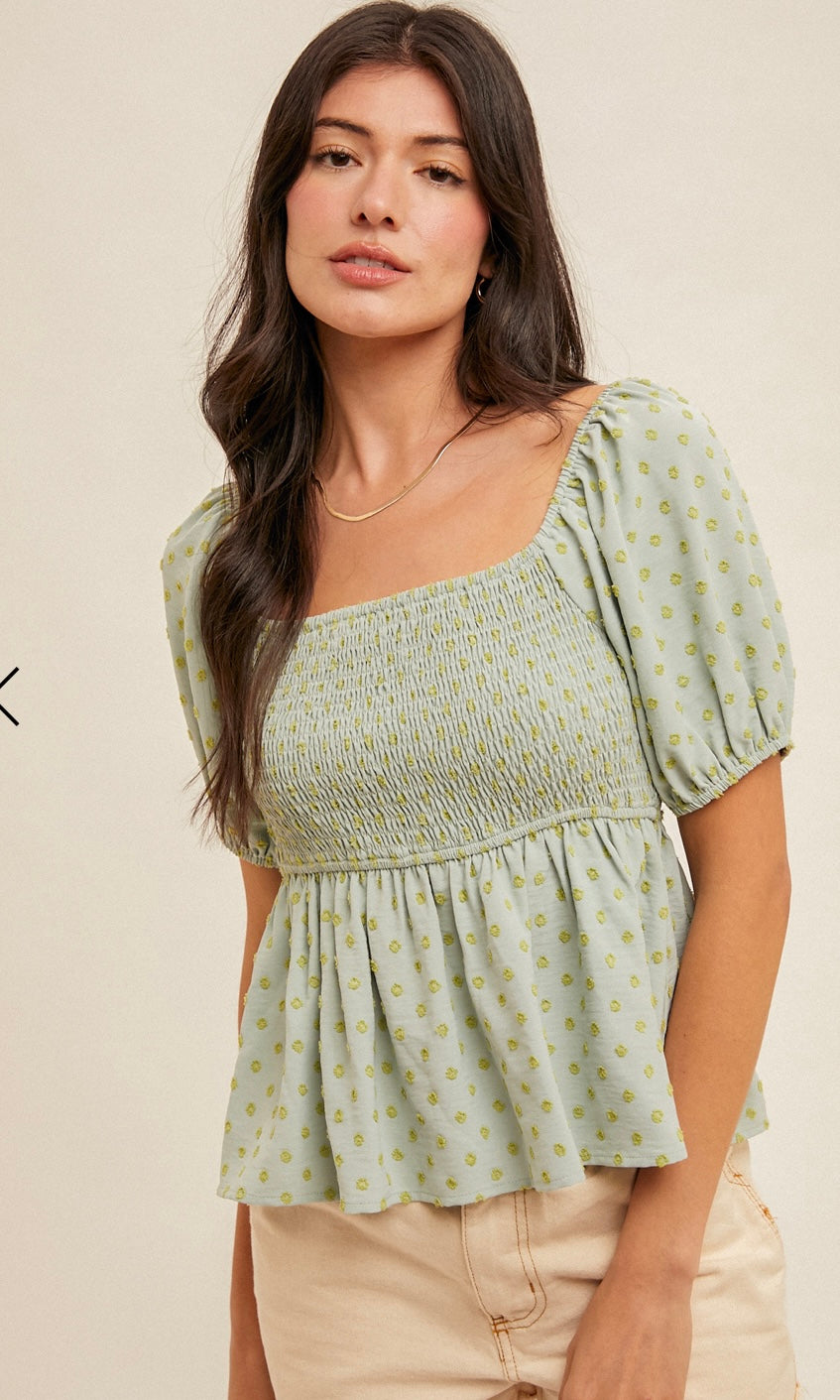 Gil Mint Smocked Bodice Polka Dot Peasant Top