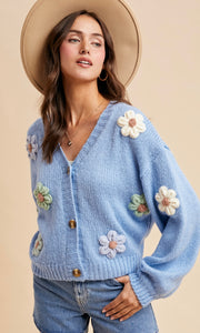 Love Winter Sky 3D Knitted Floral Applique Cardigan