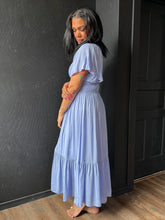 Artiste Blue Aura Satin Empire Smocked Midi Dress