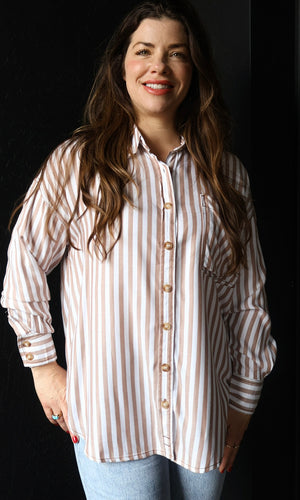 Nora Brown Stripe Collared Button Down Long Sleeve Shirt