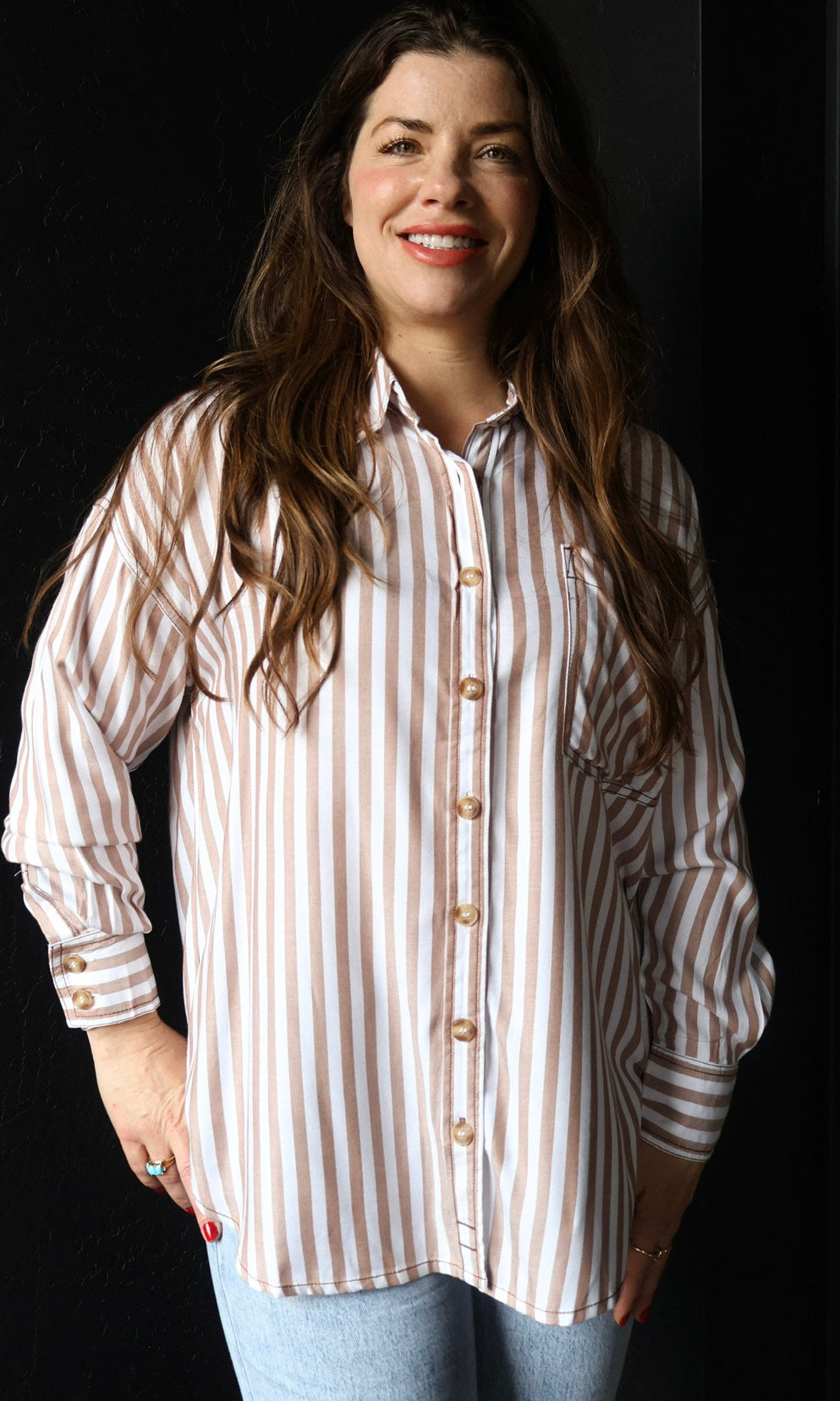 Nora Brown Stripe Collared Button Down Long Sleeve Shirt