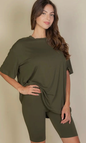 Harvey Olive Loose Fit Top & Bike Shorts Set