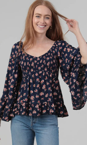 Robin V Neck Smocked Bust Wide Bell Flare Sleeve Top