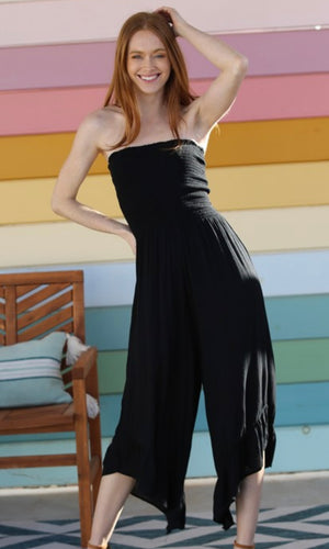 Clio Black Strapless Smocked Bodice Angled Hem Jumpsuit