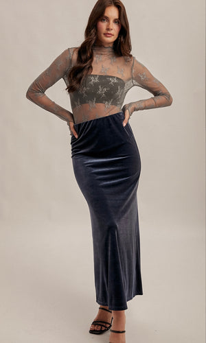 Juno Lake Blue Pull On Velvet Maxi Skirt