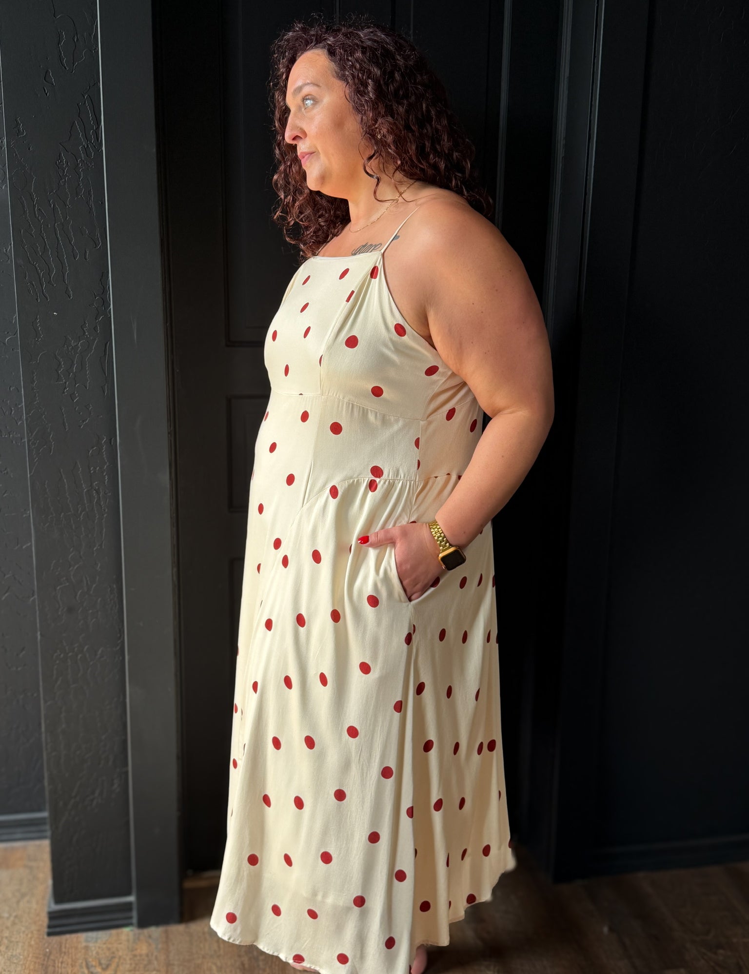 Grayson Plus Size Polka Dot Print Spaghetti Strap Midi Dress