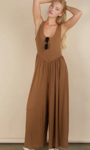 Maria Chocolate Casual Ribbed Knit Sleeveless Jumpsuit