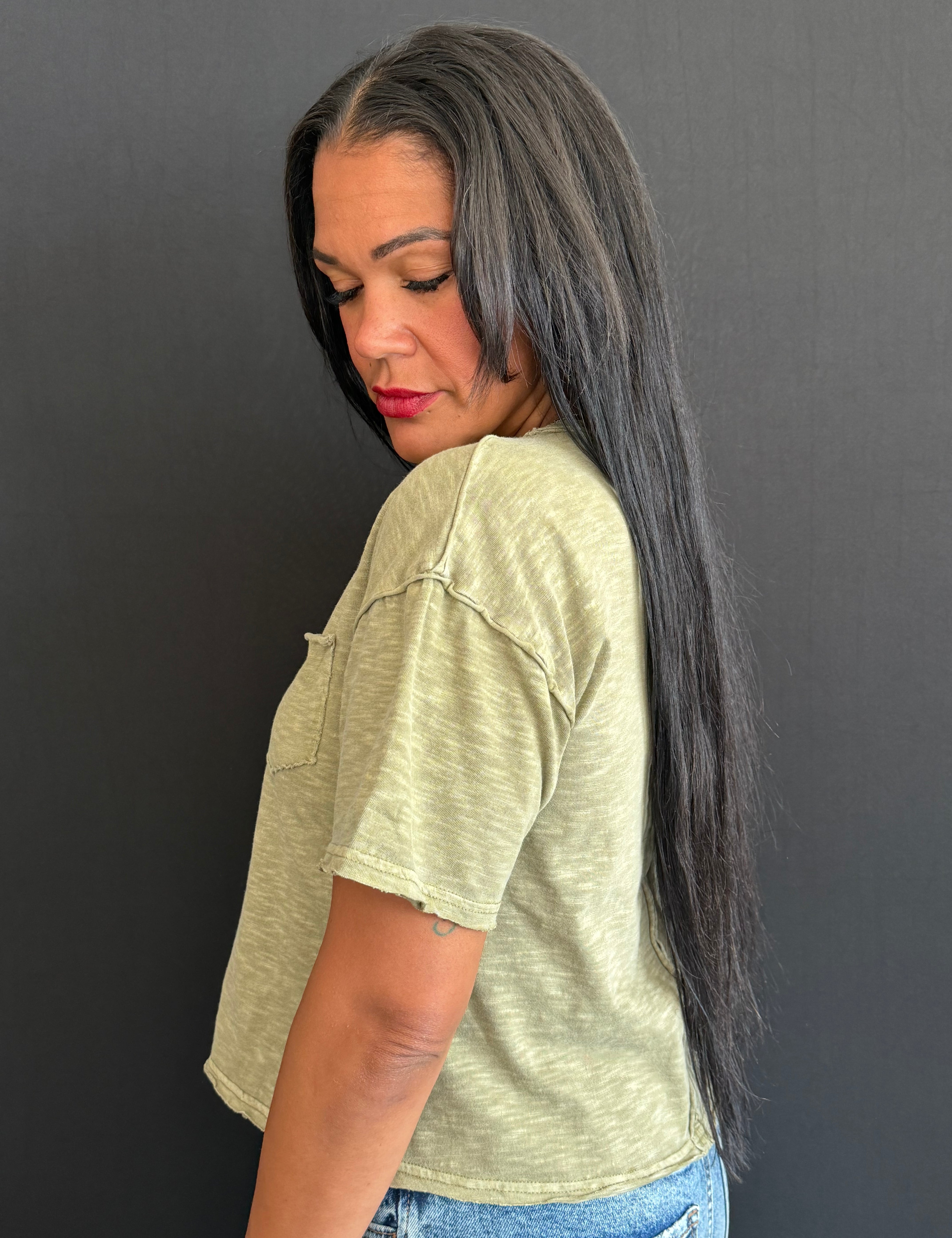 Talbot Raw Edge Exposed Seam Short Sleeve Knit Crop Top