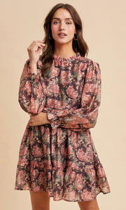 Laney Mocha Floral Mock Neck Mini Dress