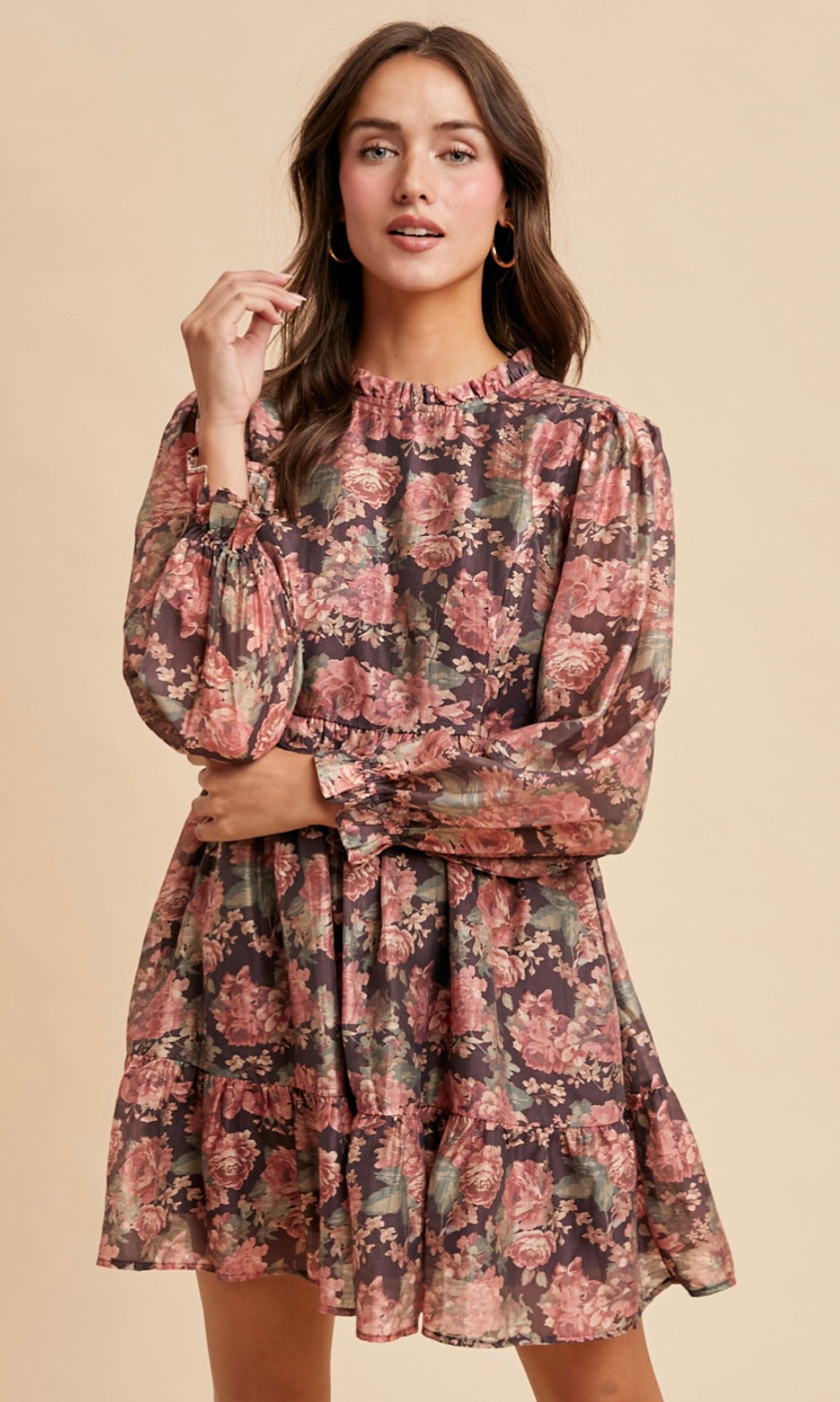 Laney Mocha Floral Mock Neck Mini Dress