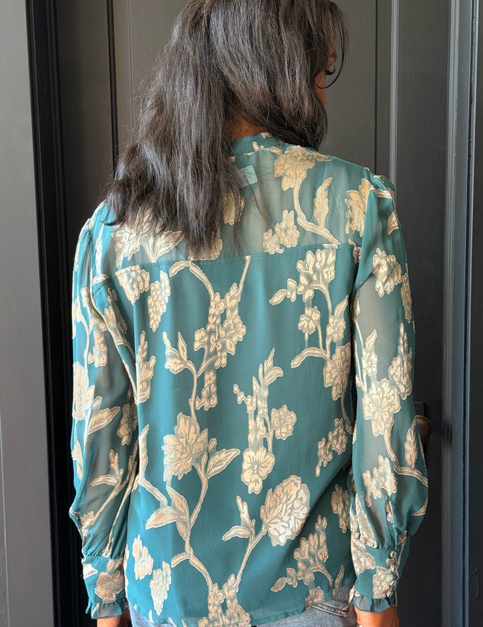 Ember Teal Jacquard Floral Button Down