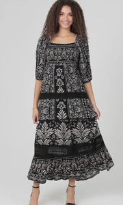 Juniper Smocked Bodice Lace Trim Half Sleeve Maxi Dress