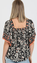 Camden Black Square Neck Kimono Sleeve Printed Blouse