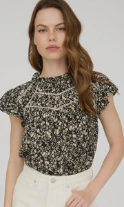 Lee Floral Lace Yoke Trim Ruffle Detail Short Sleeve Top