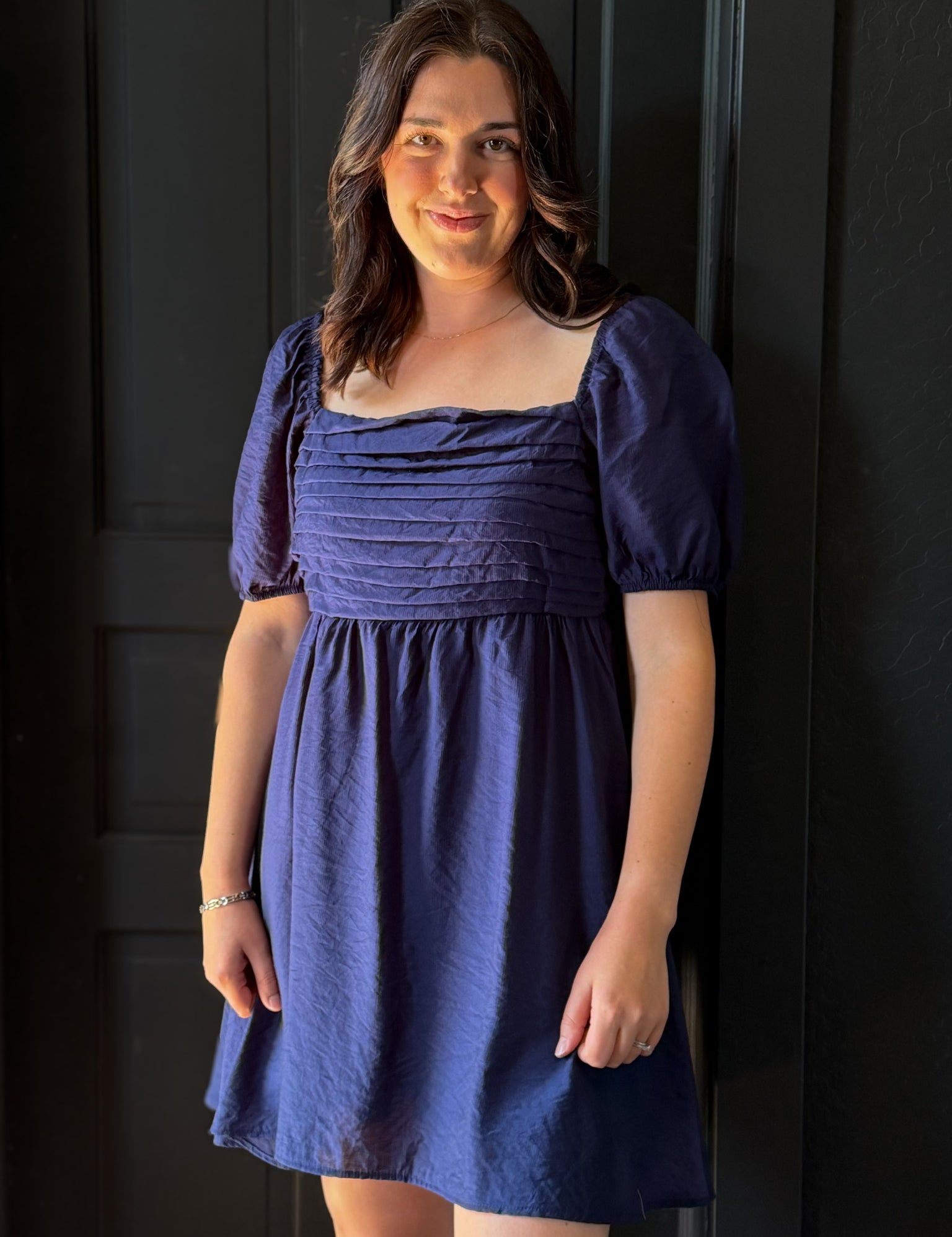Conner Pleated Bodice Short Puff Sleeve Mini Dress
