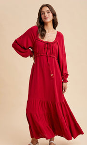 Lian Cranberry Ruffled Fit and Flare Maxi Dress